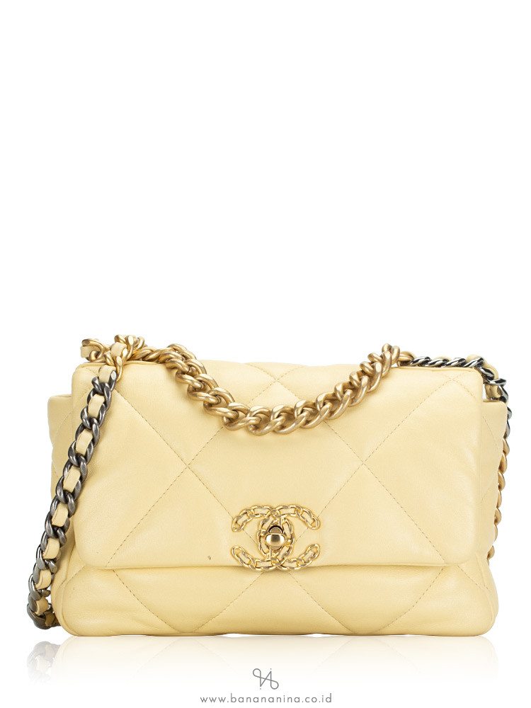 Chanel Lambskin Quilted Chanel 19 Medium Flap Bag Light Yellow
