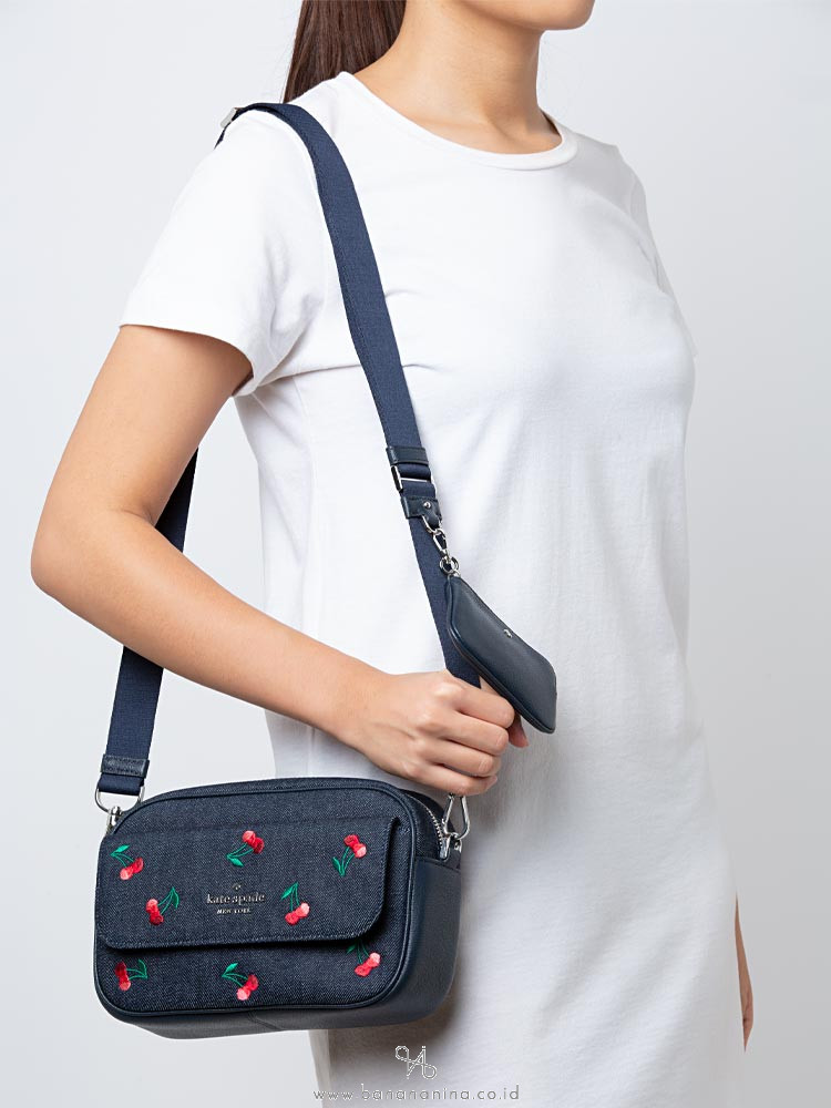 Kate Spade Rosie Cherry Embroidered Denim Flap Camera Bag