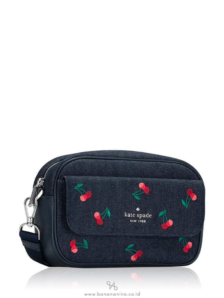 Kate Spade Rosie Cherry Embroidered Denim Flap Camera Bag Crossbody Blue  Multi 
