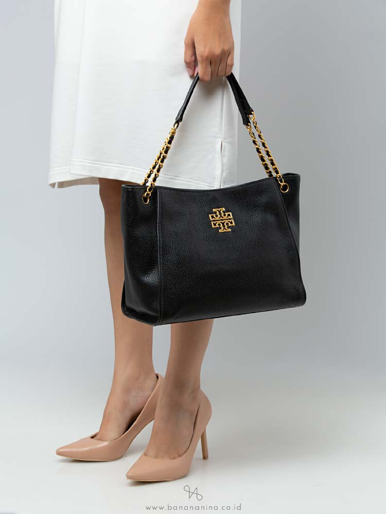 Tory Burch Britten Small Slouchy Leather Tote Black Gold