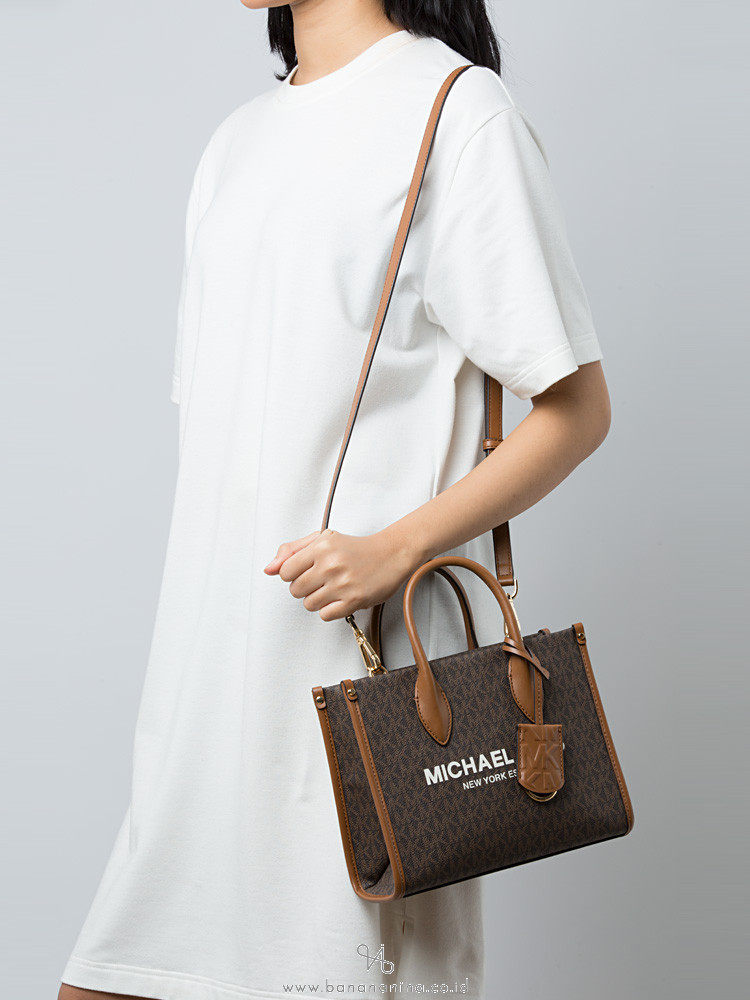 Michael Kors, Bags, Michael Kors Mirella Small Shopper Top Zip Crossbody  Bag Brown Logo Mk