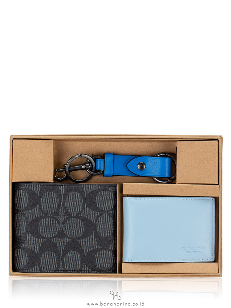 Coach Men CA005 Signature Colorblock 3 In 1 Gift Set Wallet Charcoal Bright  Blue Multi