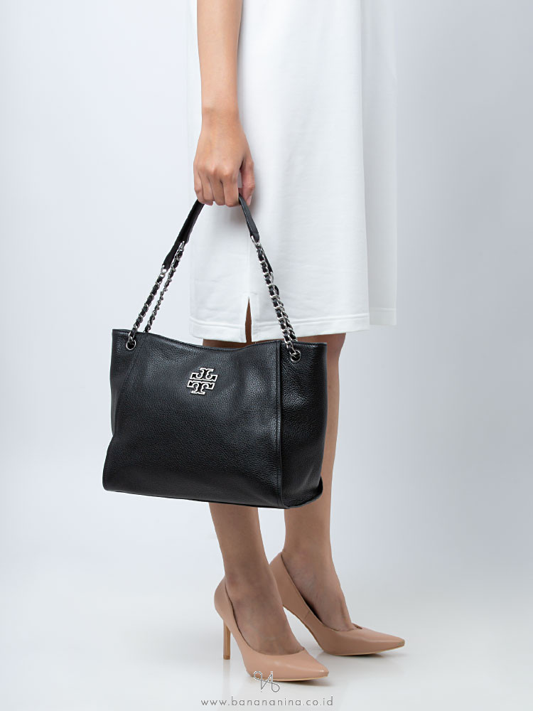 Tory Burch Britten Small Slouchy Leather Tote Black Silver