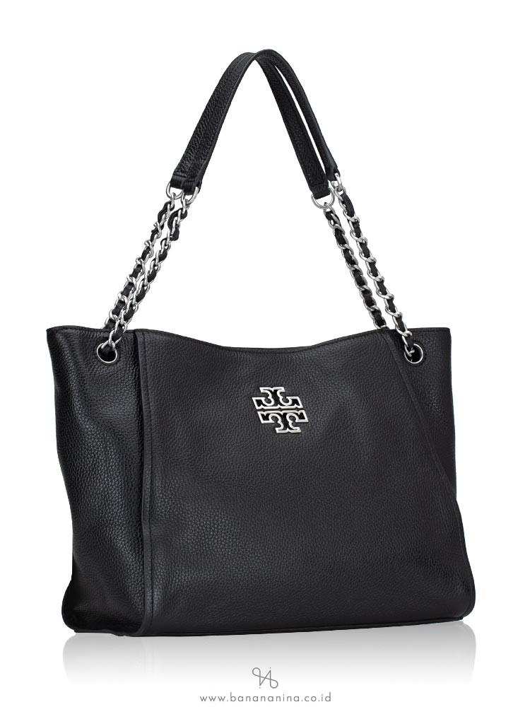 Tory Burch Britten Small Slouchy Leather Tote Black Silver
