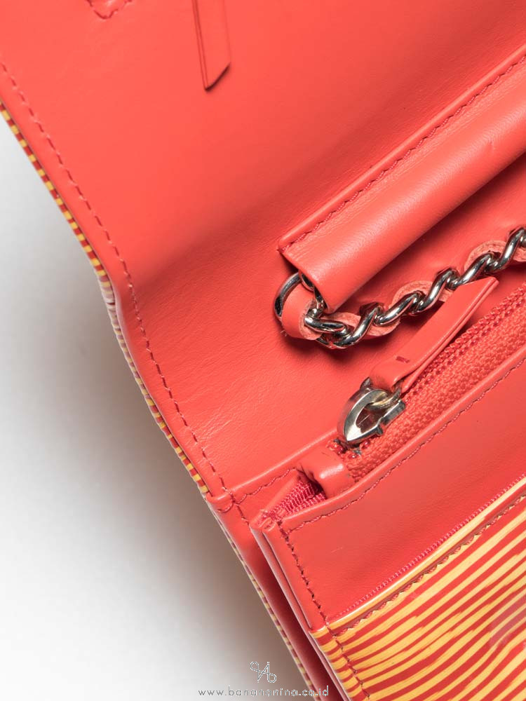 Chanel Patent Leather Striped Wallet On Chain Orange