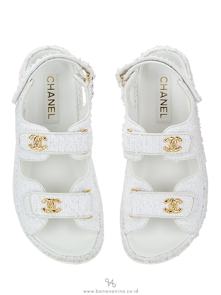 Chanel Tweed Velcro Dad Sandals White Sz 40