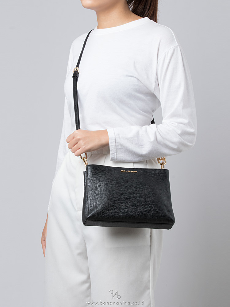 Michael Kors Trisha Leather Medium Triple Compartment Crossbody Bag Black 
