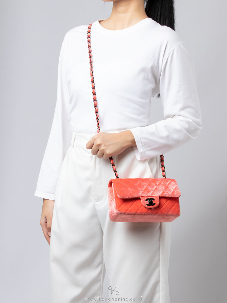 Chanel Velvet Mini Classic Rectangular Flap Bag Coral