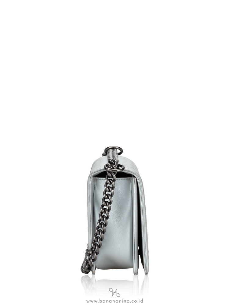 Chanel Metallic Calfskin Enamel New Medium Boy Flap Bag Silver
