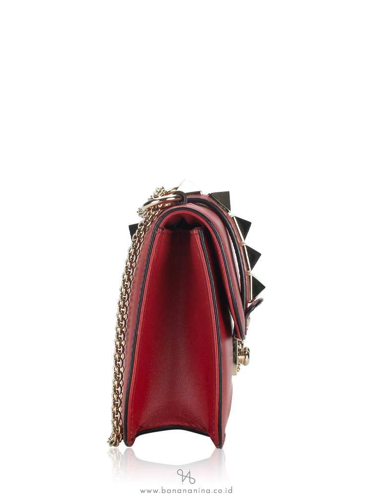 Valentino Red Leather Small Rockstud Glam Lock Flap Bag