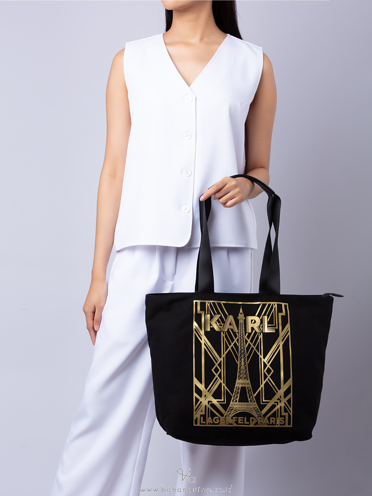 Karl Lagerfeld Paris Kristen Canvas Tote Bag Black Gold Metallic