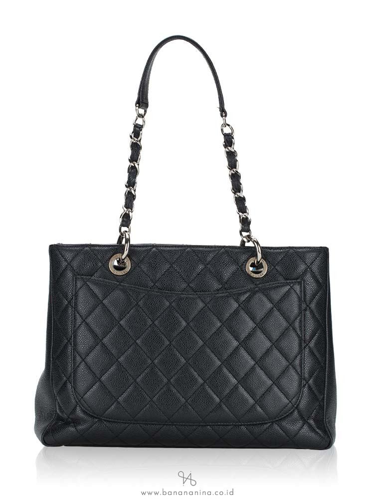 CHANEL CC Logo Quilted Caviar Leather Shopper Bag Black