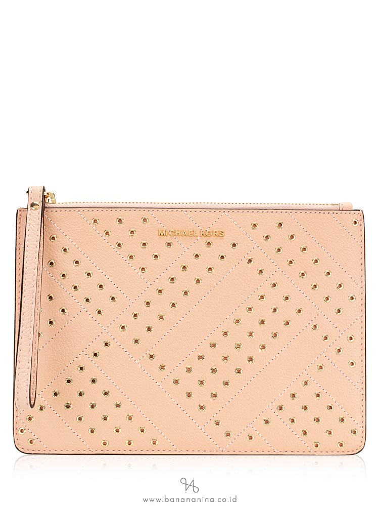 MICHAEL KORS Jet Set Grommet Leather XL Zip Clutch Pastel Pink