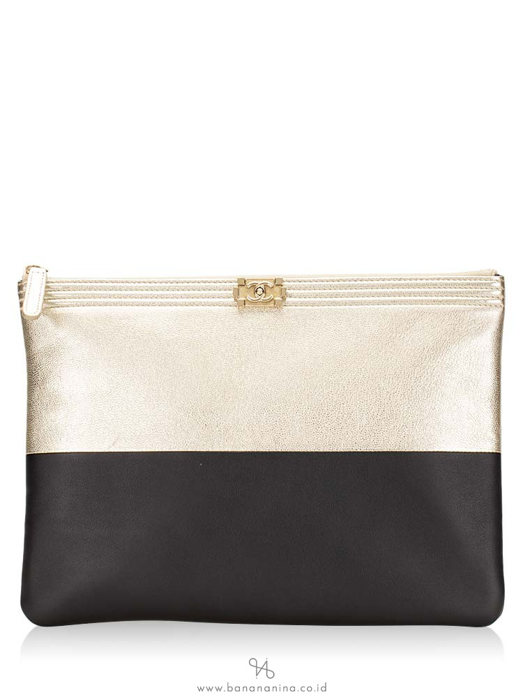 CHANEL Boy Two Tone O Case Clutch Black Gold