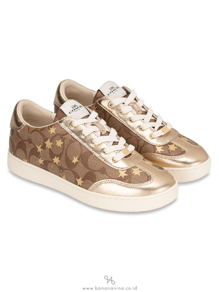 COACH C116 Signature Star Sneakers Khaki Gold Sz 7
