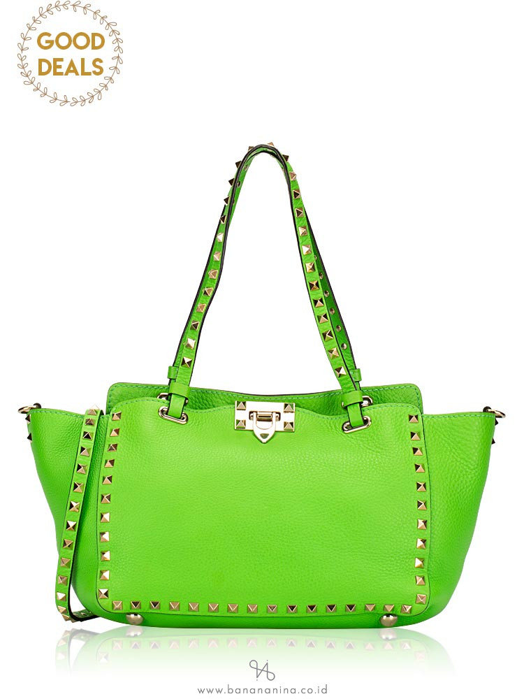 VALENTINO Rockstud Leather Small Tote Lime Green