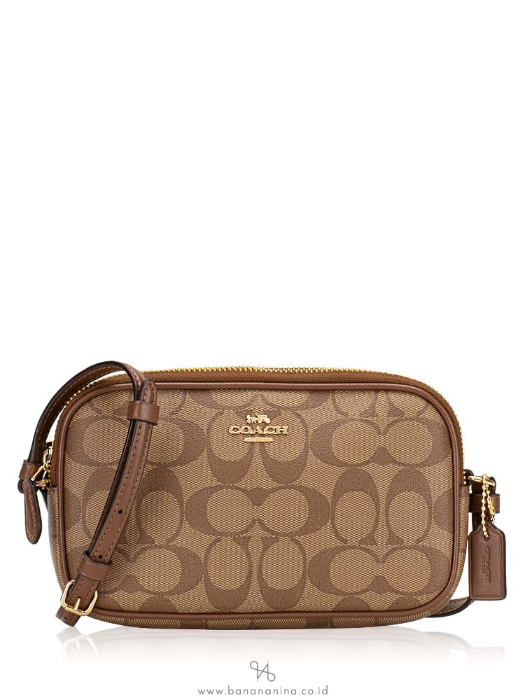 Coach 77996 Signature Double Zip Crossbody Pouch Khaki Saddle