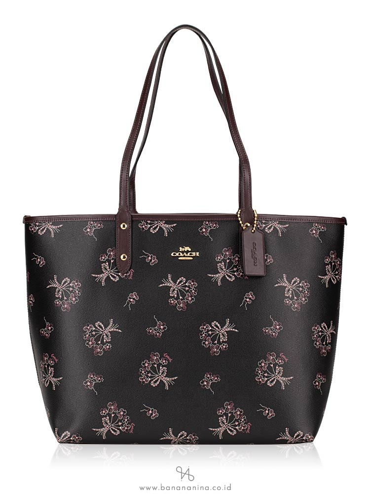 COACH 78283 Ribbon Bouquet Reversible city Tote Black Pink Multi Oxblood