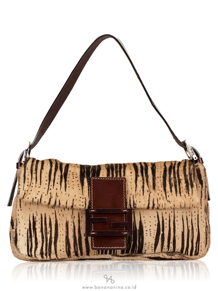Fendi Limited Edition Animal Print Pony Hair Baguette Bag Brown