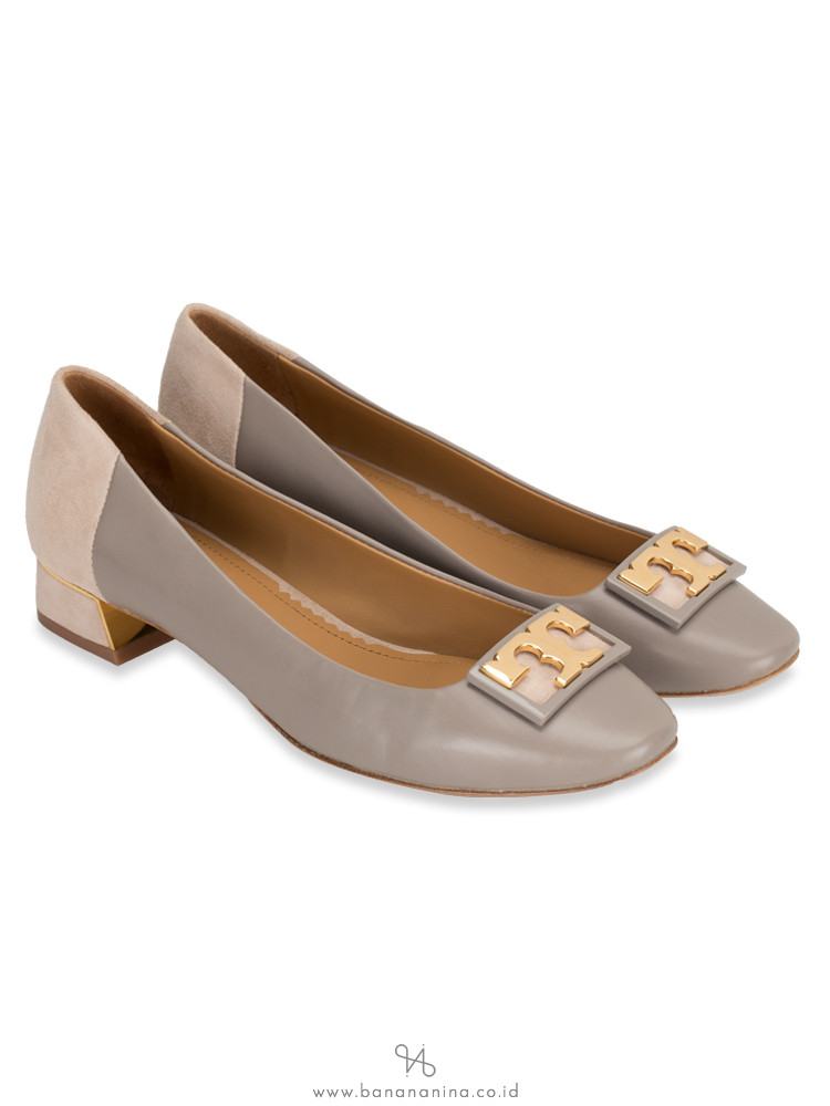 Tory Burch Gigi Leather Suede Heeled Flat Gray Heron Light Taupe Sz 7