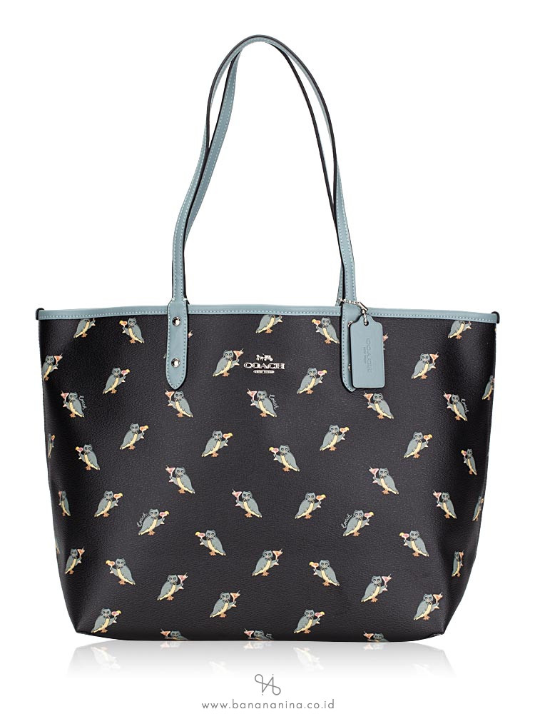COACH 80235 Party Owl print Reversible City Tote Black Multi Sage