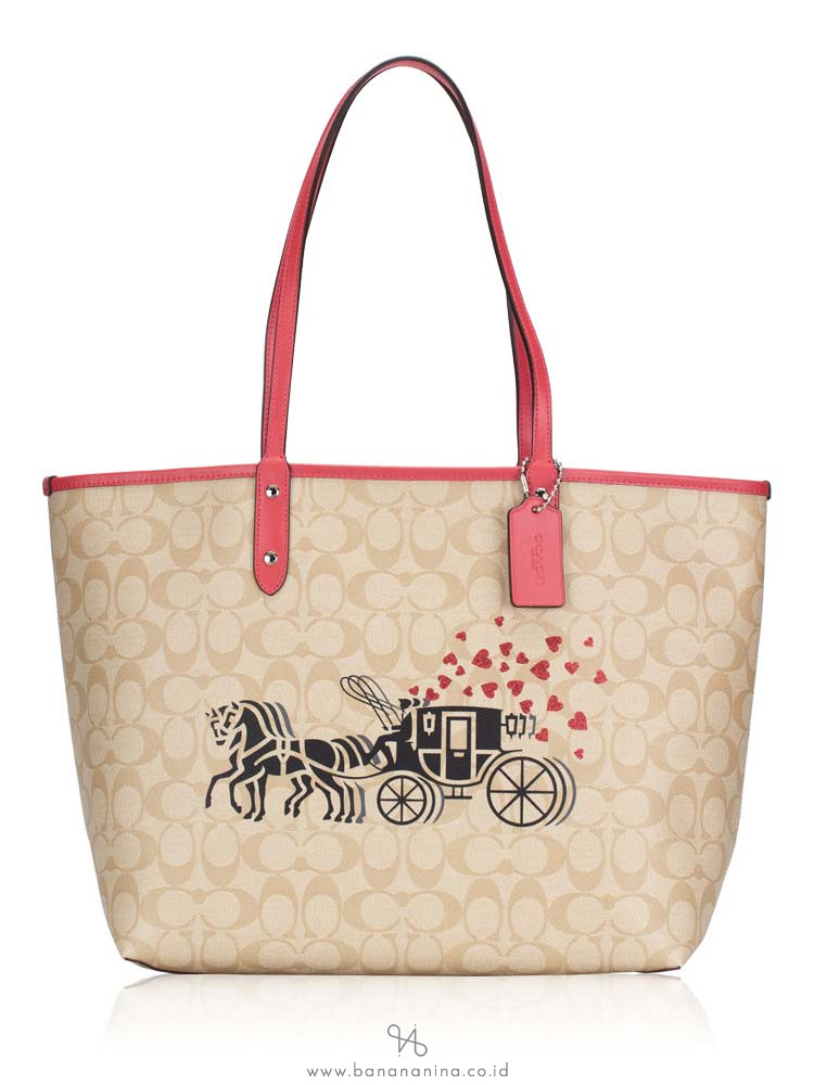 COACH 91011 Signature Horse Carriage Reversible City Tote Light Khaki Poppy