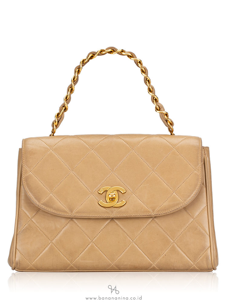Chanel Vintage Lambskin Chain Handle Flap Bag Beige