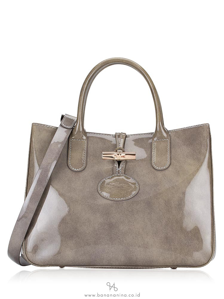 taupe patent leather handbag