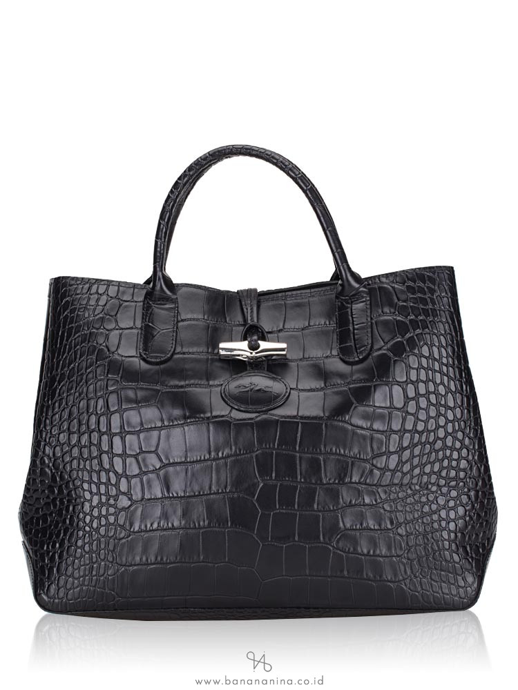LONGCHAMP Roseau Croco Leather Tote Black Silver