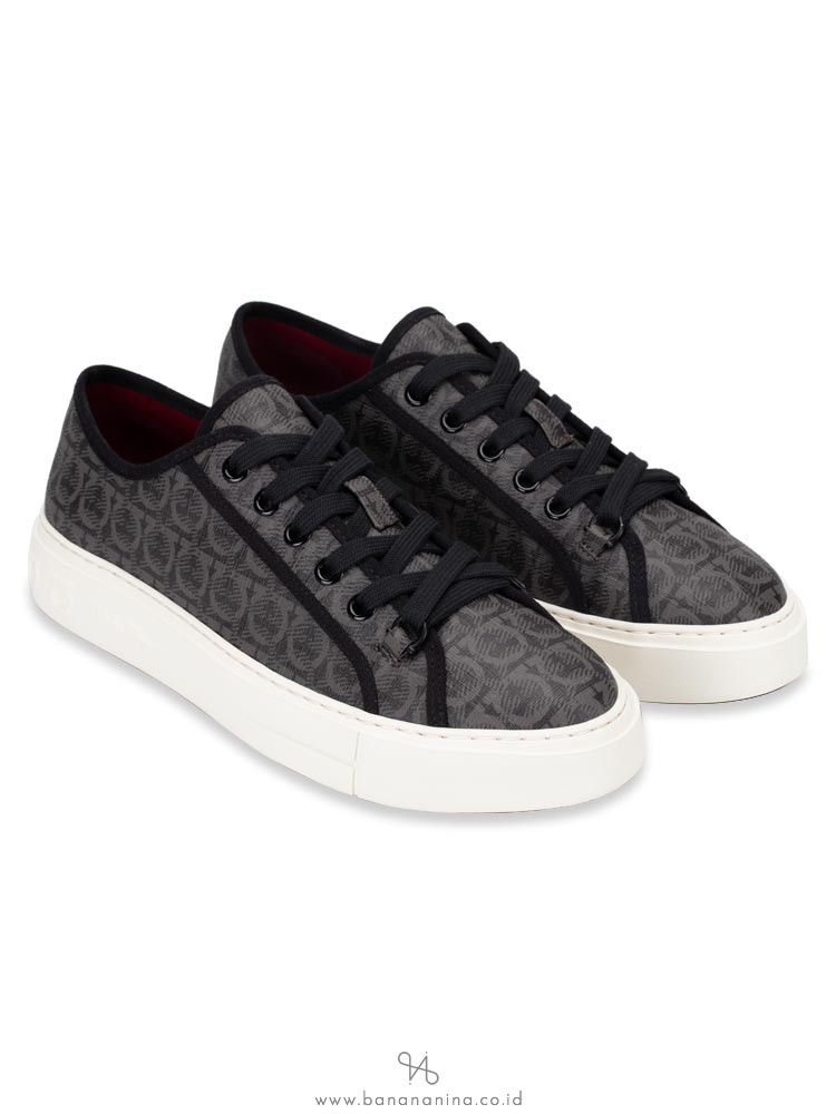 SALVATORE FERRAGAMO Men Anson Gancini Print Low-top Sneakers Grey Sz 8