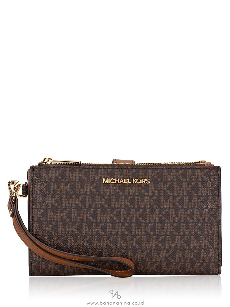 Michael Kors Jet Set Monogram Double Zip Wristlet Brown Gold