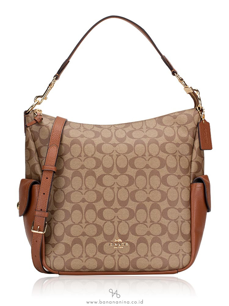 Coach C1523 Pennie Shoulder Bag in Khaki Signature Coated Canvas and  Redwood Refined Pebble Leather - Women's Hobo Bag with Detachable Strap