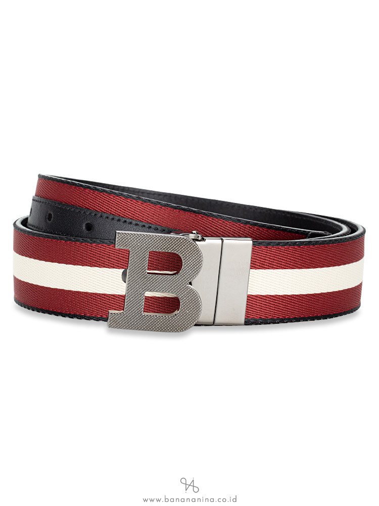 Bally Men B Reversible Striped Belt In Black Bone Red Sz 95