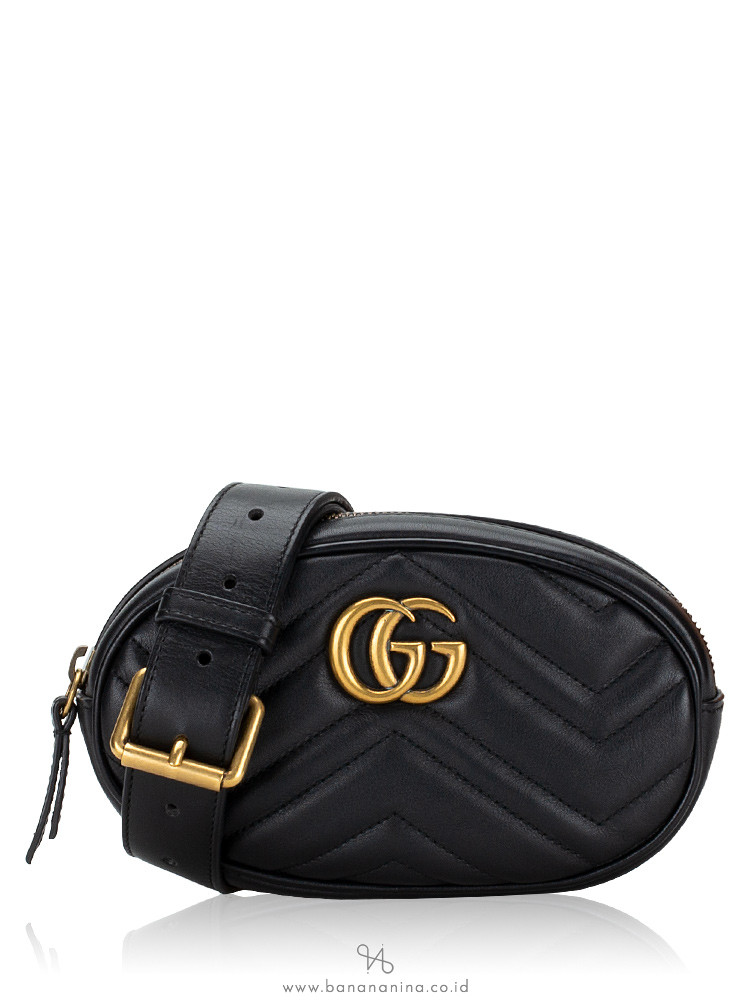 Gucci Marmont Mini Belt Bag Black Matelasse 100% Leather Size 85