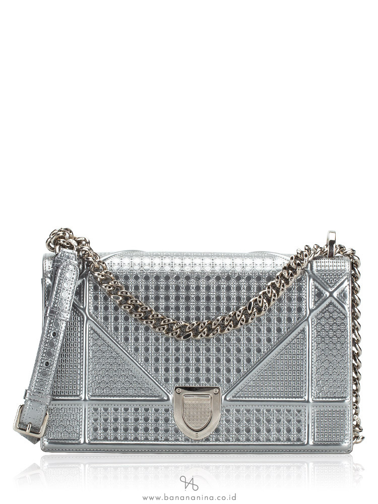 Christian Dior Diorama Gray Metallic Micro Cannage Medium Shoulder Bag