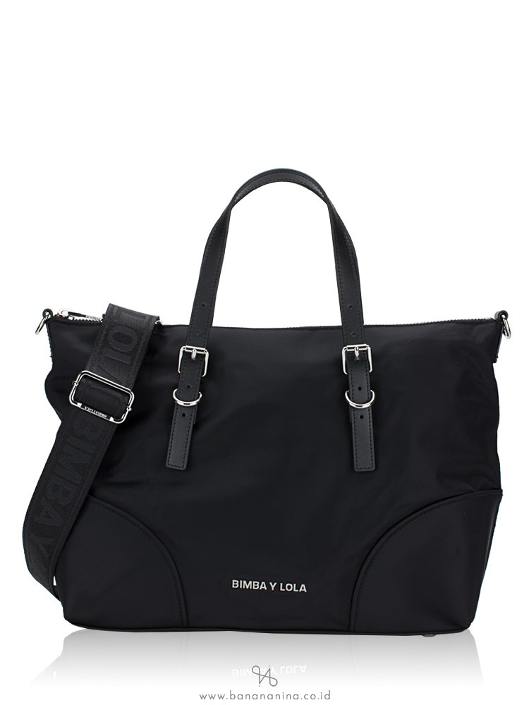 Bimba Y Lola Small Black Nylon Tote Bag with Silver Hardware