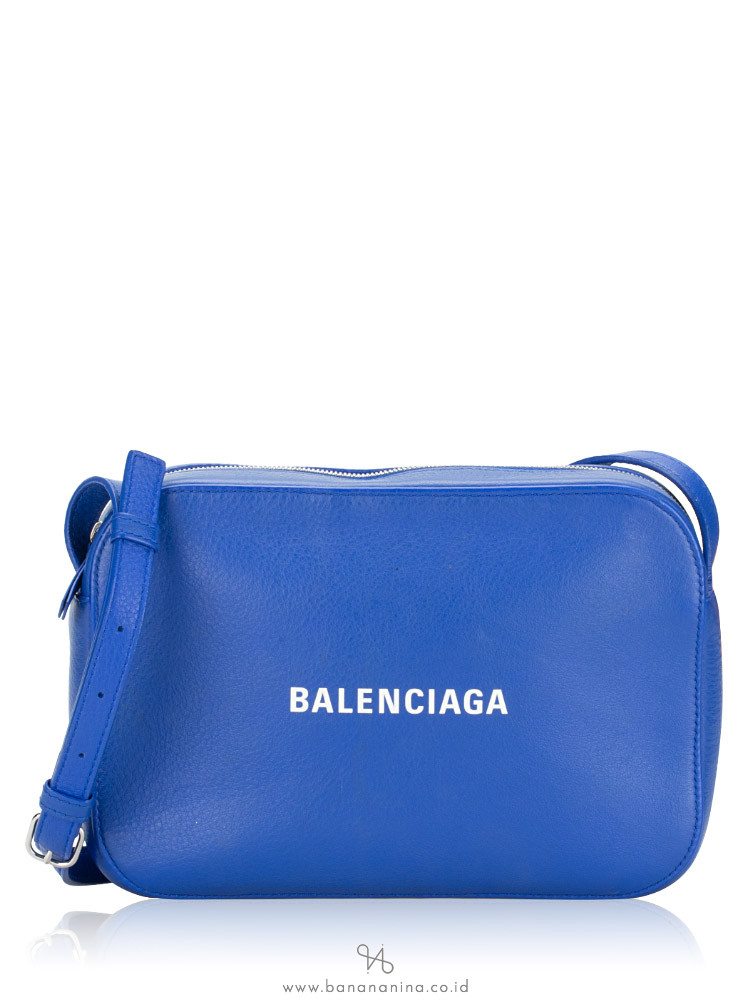 Balenciaga Calfskin Logo Everyday Small Camera Bag Bleu Prim
