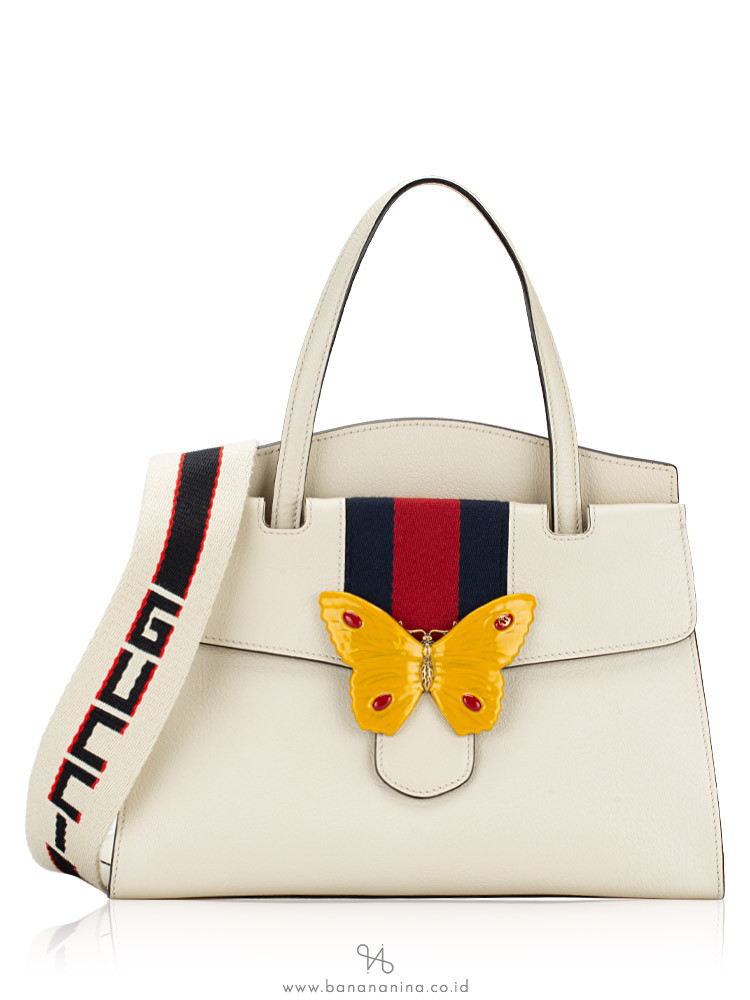 Gucci Grained Calfskin Web Butterfly Medium Totem Top Handle Bag White