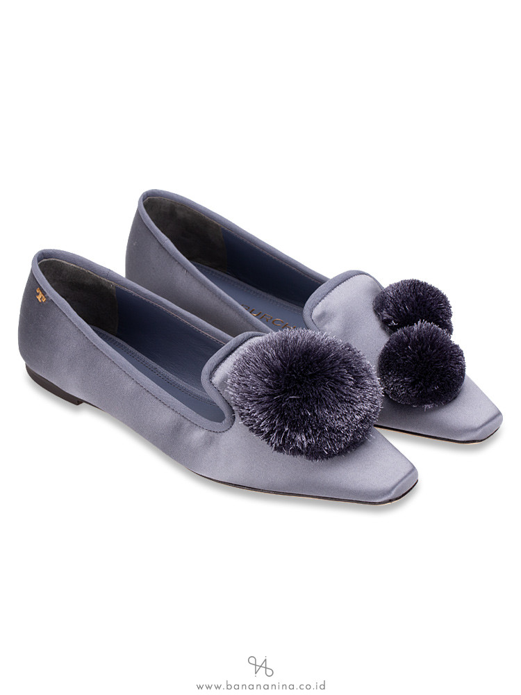 Tory Burch Pom Pom Smoking Slipper Satin Loafers Periwinkle Sz 8