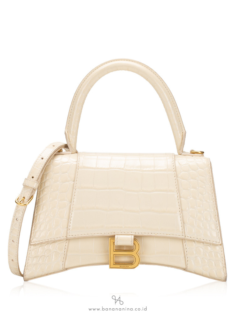 Balenciaga Shiny Croco Effect Hourglass Small Top Handle Bag Cream