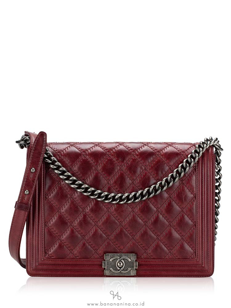 Chanel Calfskin Double Stitch Large Boy Flap Bag Burgundy