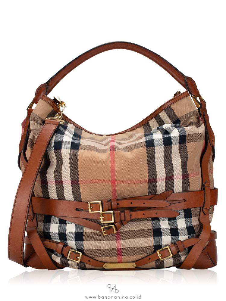Burberry House Check Bridle Gosford Medium Hobo Dark Tan