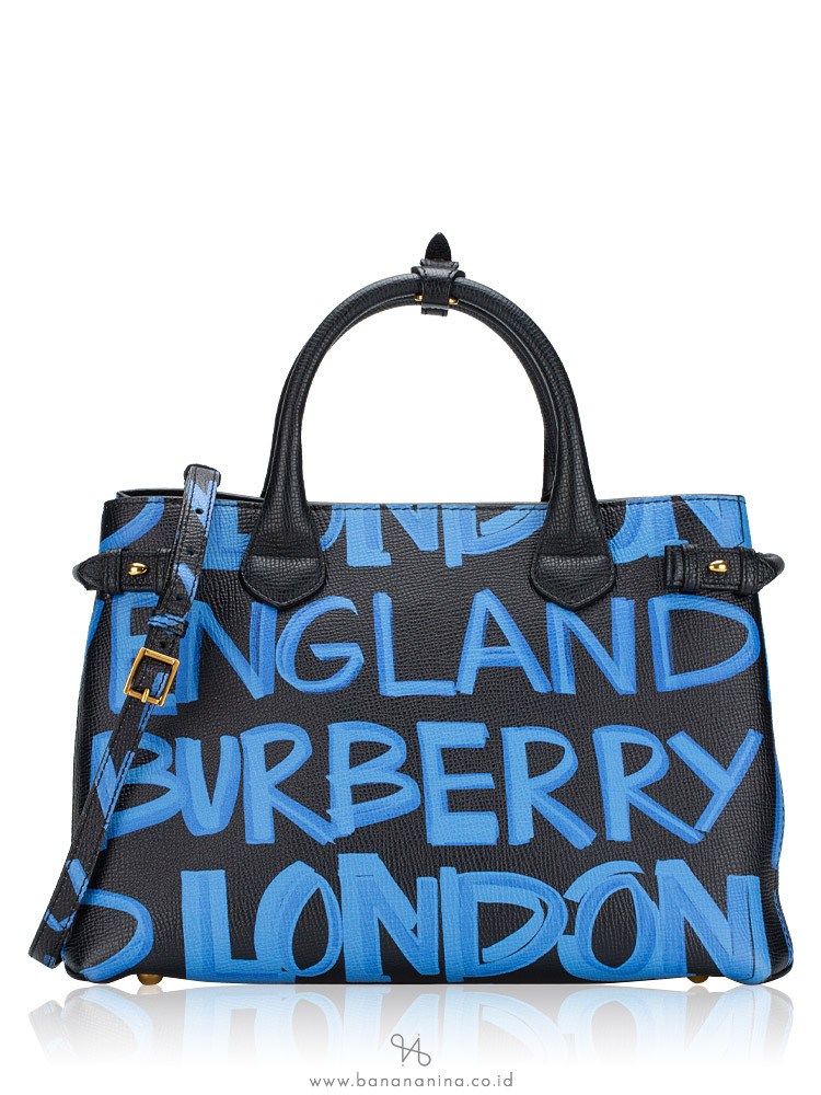 Burberry Grainy Calfskin Graffiti Banner Medium Tote Blue Black